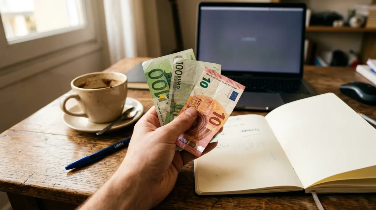 Main tenant des billets euros au-dessus d'un bureau avec café et ordinateur
