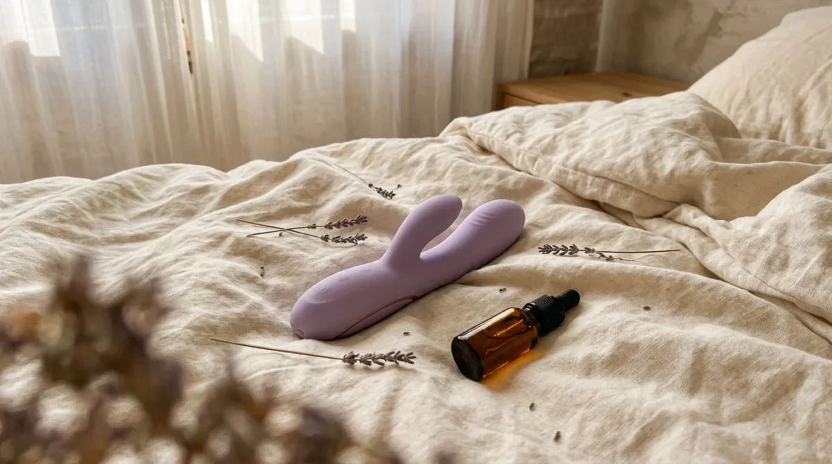 Objet de bien-être violet et flacon d'huile essentielle sur lit blanc
