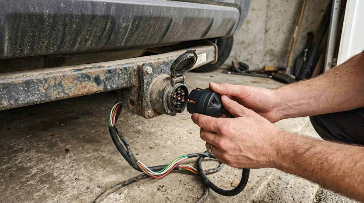 Technicien connecte prise électrique sept broches remorque