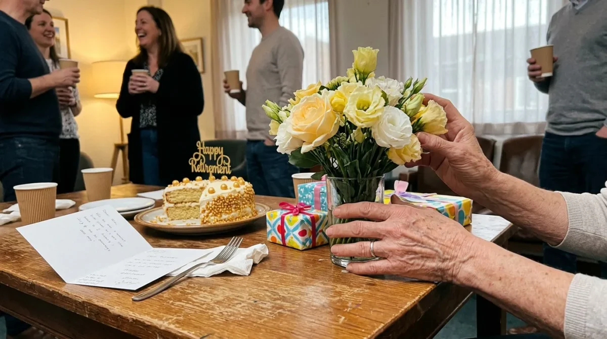 Personne âgée tenant un vase de fleurs jaunes lors d'une fête