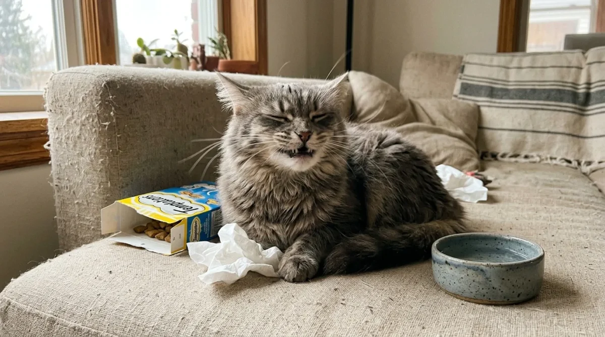 Chat gris tigré assis sur canapé beige avec jouets