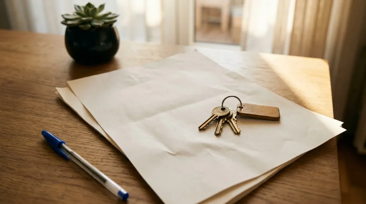 Clés dorées avec étiquette bois sur papiers blancs.