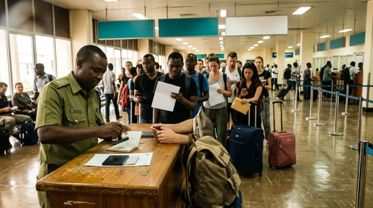 Agent unifié vérifiant documents passagers à file d'attente aéroport