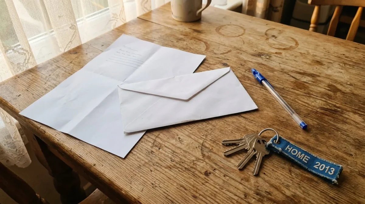 Enveloppes, clés et stylo sur table en bois