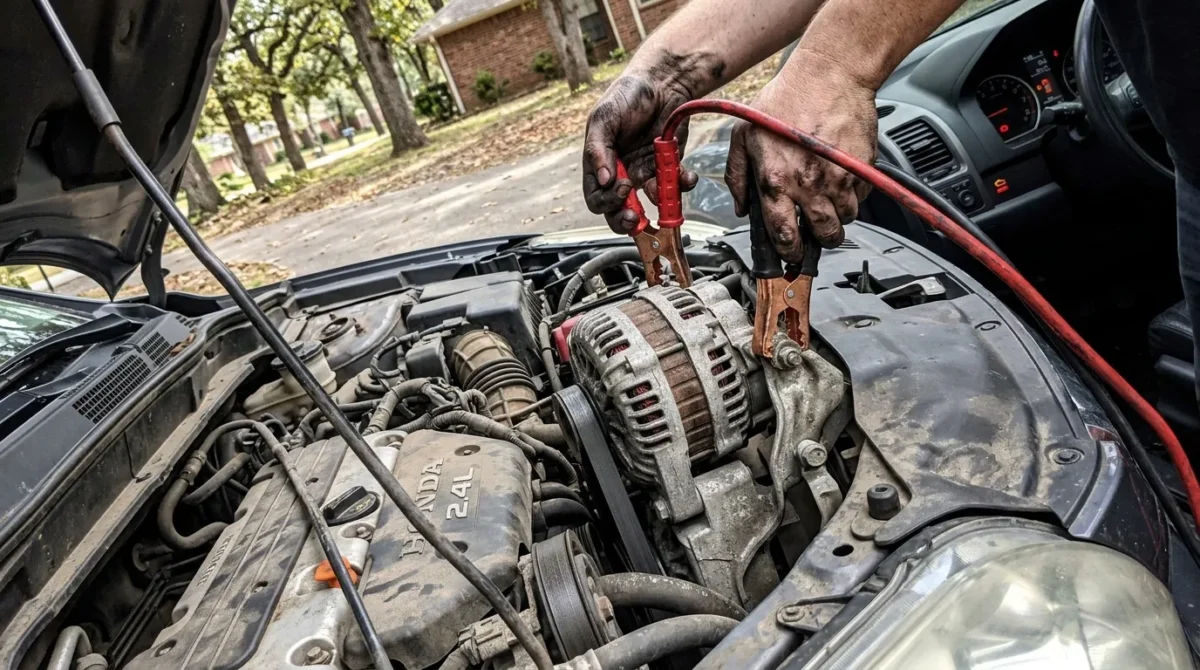 Mécanicien connectant des câbles de démarrage au moteur d'une voiture