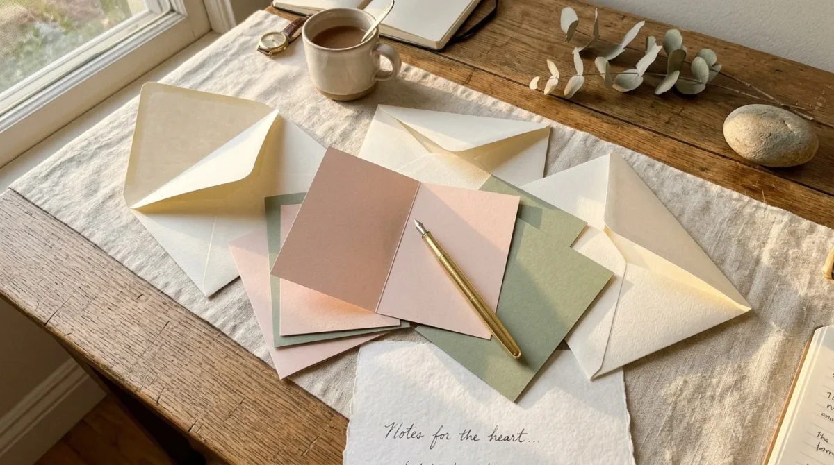 Bureau avec enveloppes colorées, café et carnets de notes