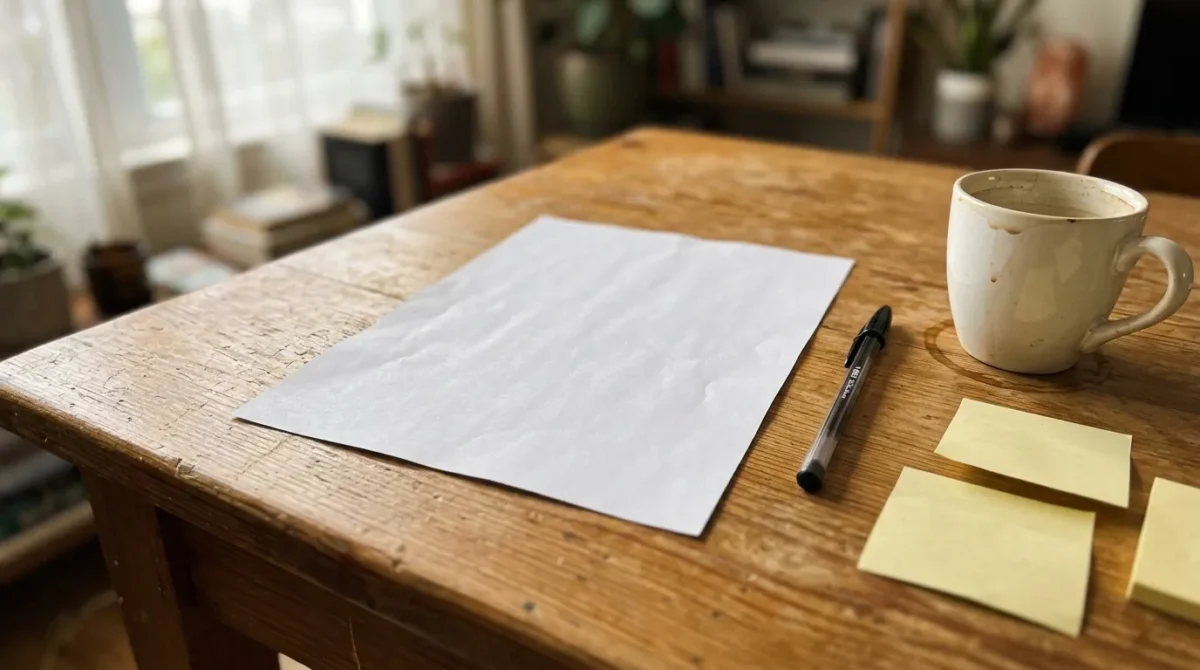 Bureau en bois avec papier blanc, stylo, café et post-it jaunes