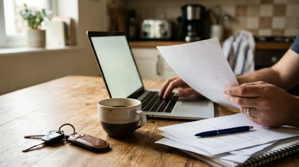 Personne travaillant sur documents avec laptop et café