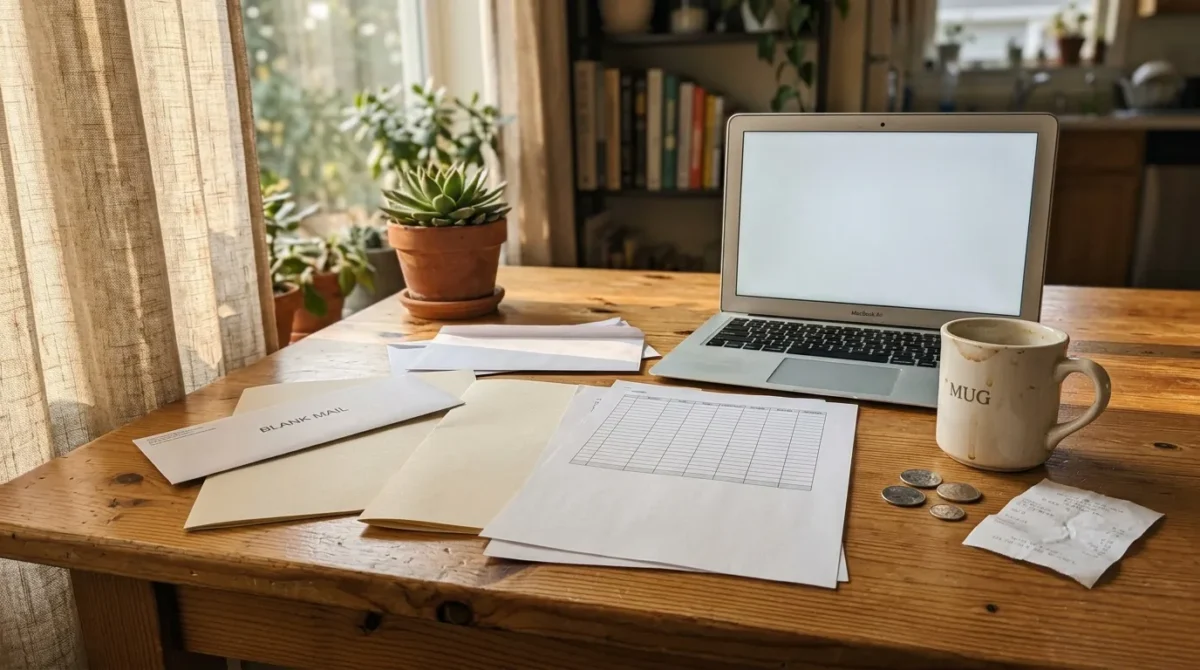 Bureau en bois avec laptop, documents et plante succulente