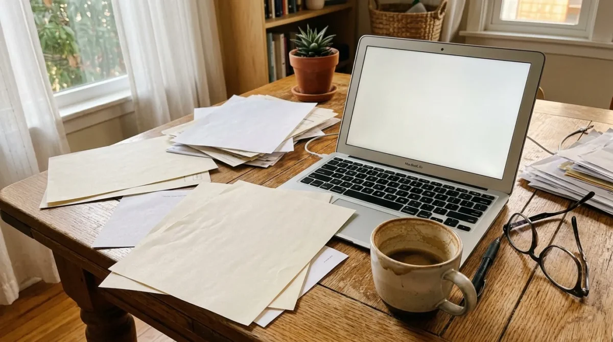 Bureau avec laptop, documents, plante verte et café