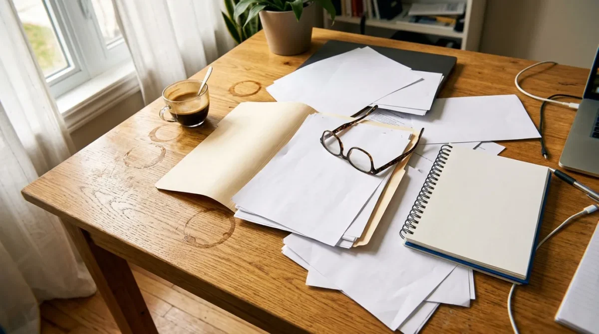 Bureau en bois avec documents, café, lunettes et plantes vertes