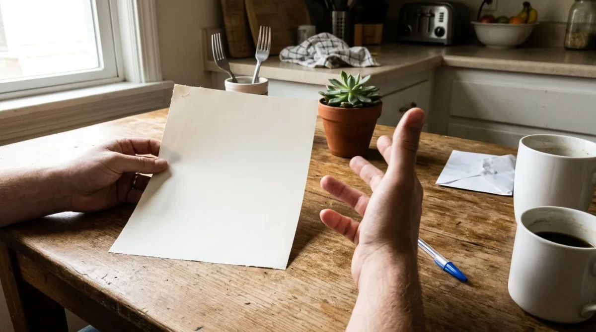 Personne montrant une feuille vierge à une table de cuisine