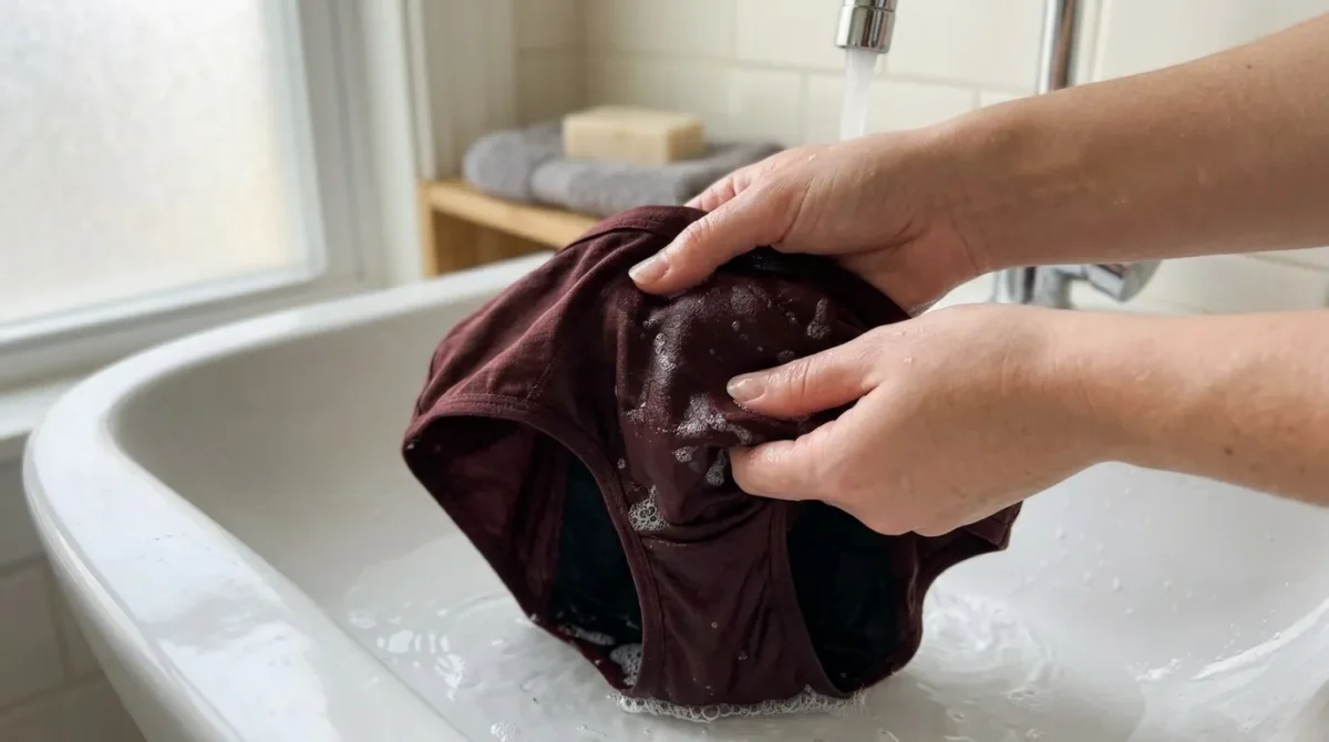 Mains lavant un tissu bordeaux dans un lavabo blanc