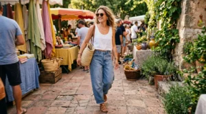 Femme souriante flânant dans un marché coloré ensoleillé