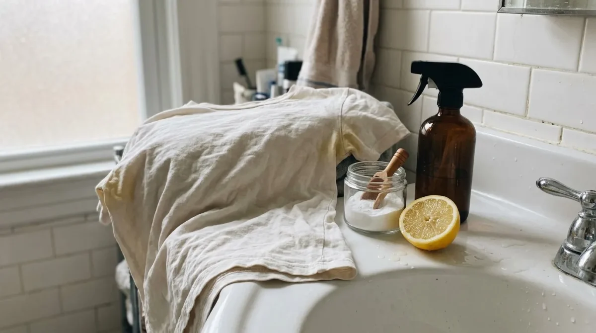 Produits nettoyants naturels et tissu blanc dans une salle de bain