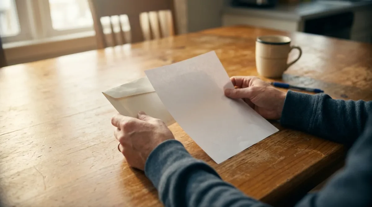 Mains ouvrant une enveloppe blanche à table