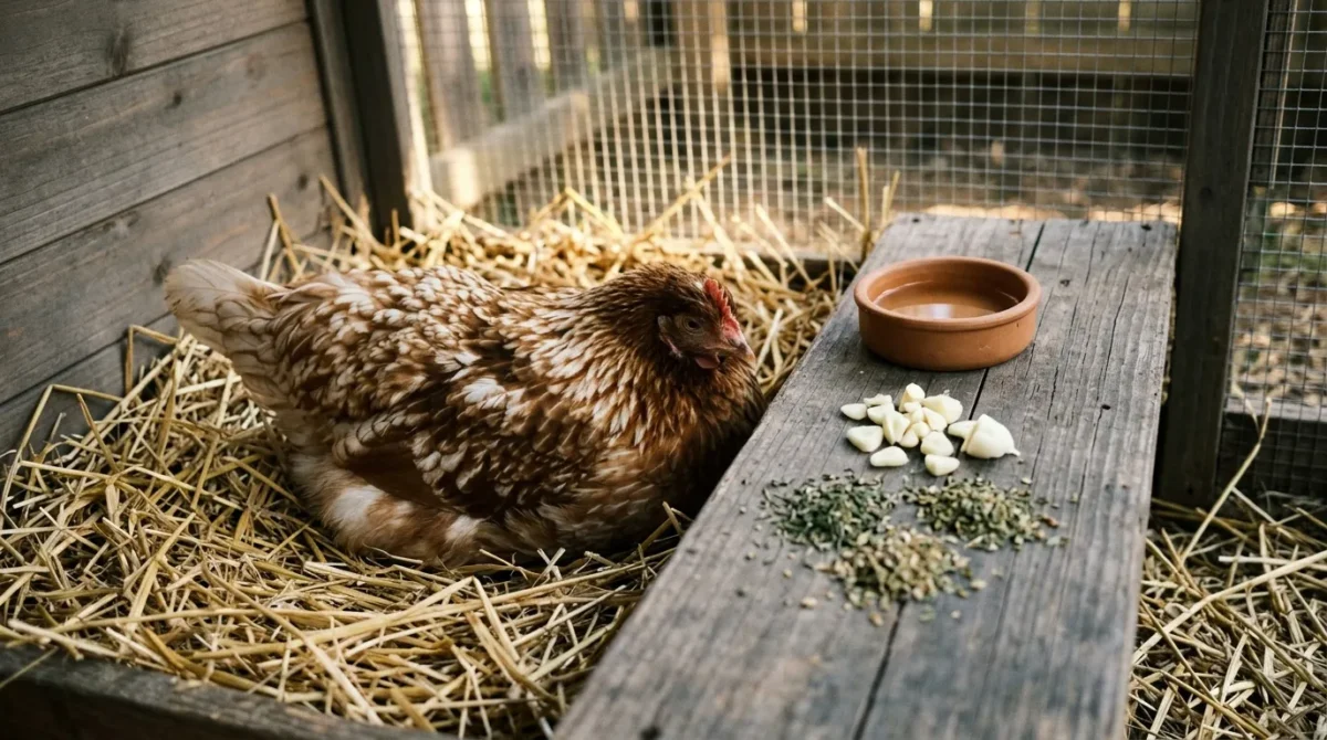 Poule brune dans enclos avec eau, graines et herbes