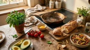 Cuisine maison avec légumes frais, pain et herbes aromatiques