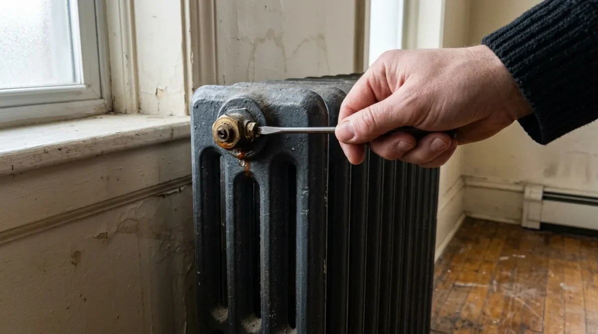 Main tenant tournevis sur robinet radiateur chauffage