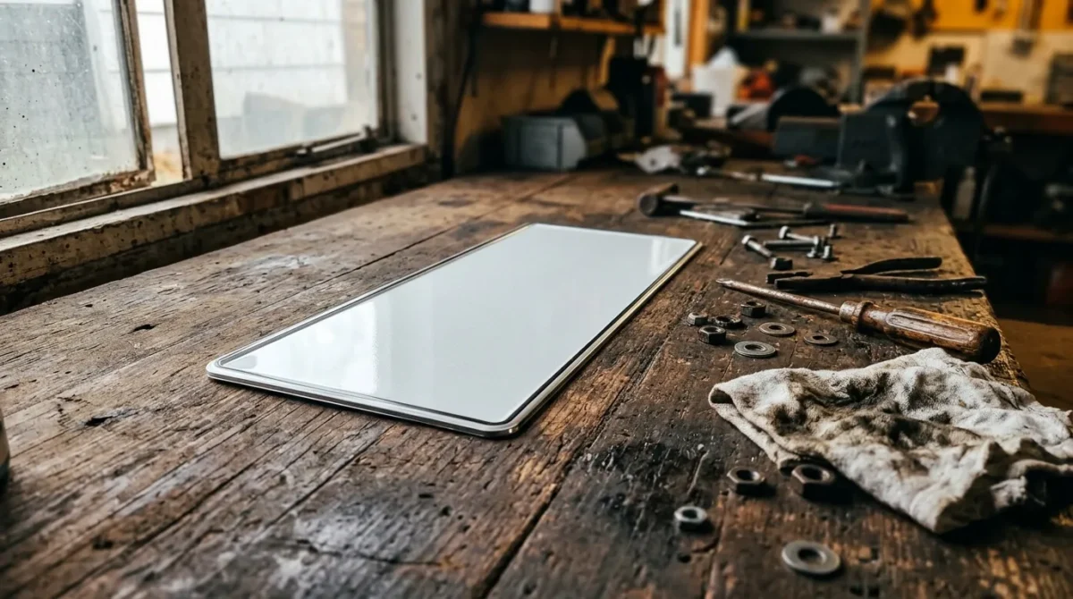 Tablette blanche sur établi avec outils et pièces métalliques
