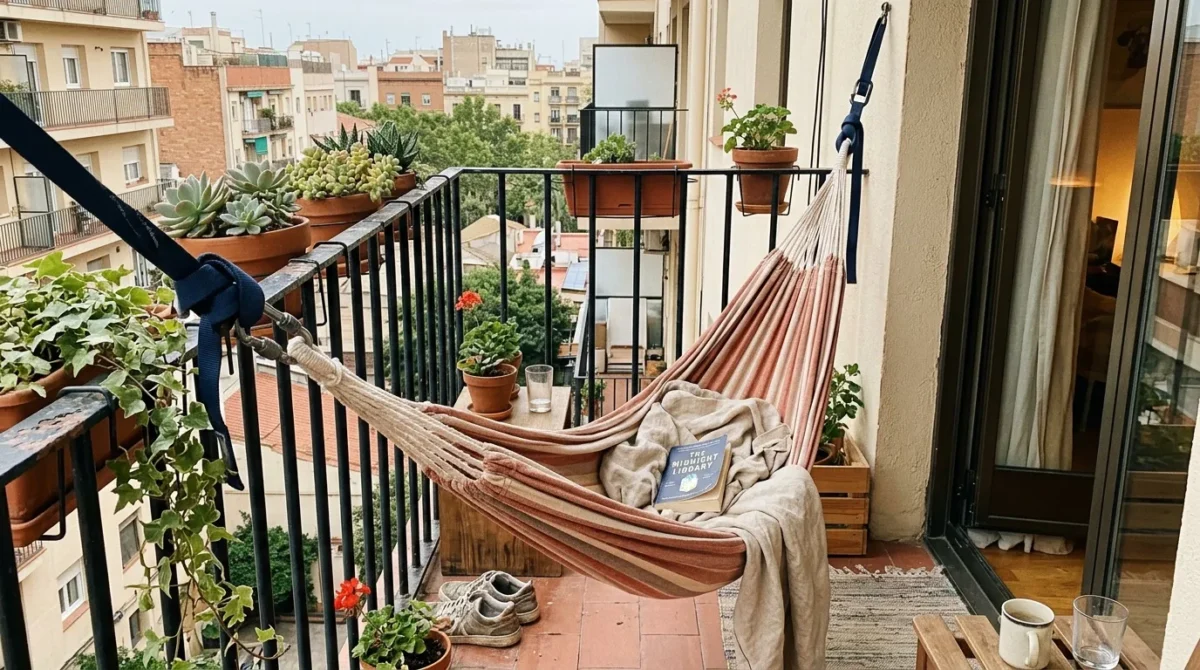 Balcon barcelonais avec hamac, plantes en pots et vue urbaine