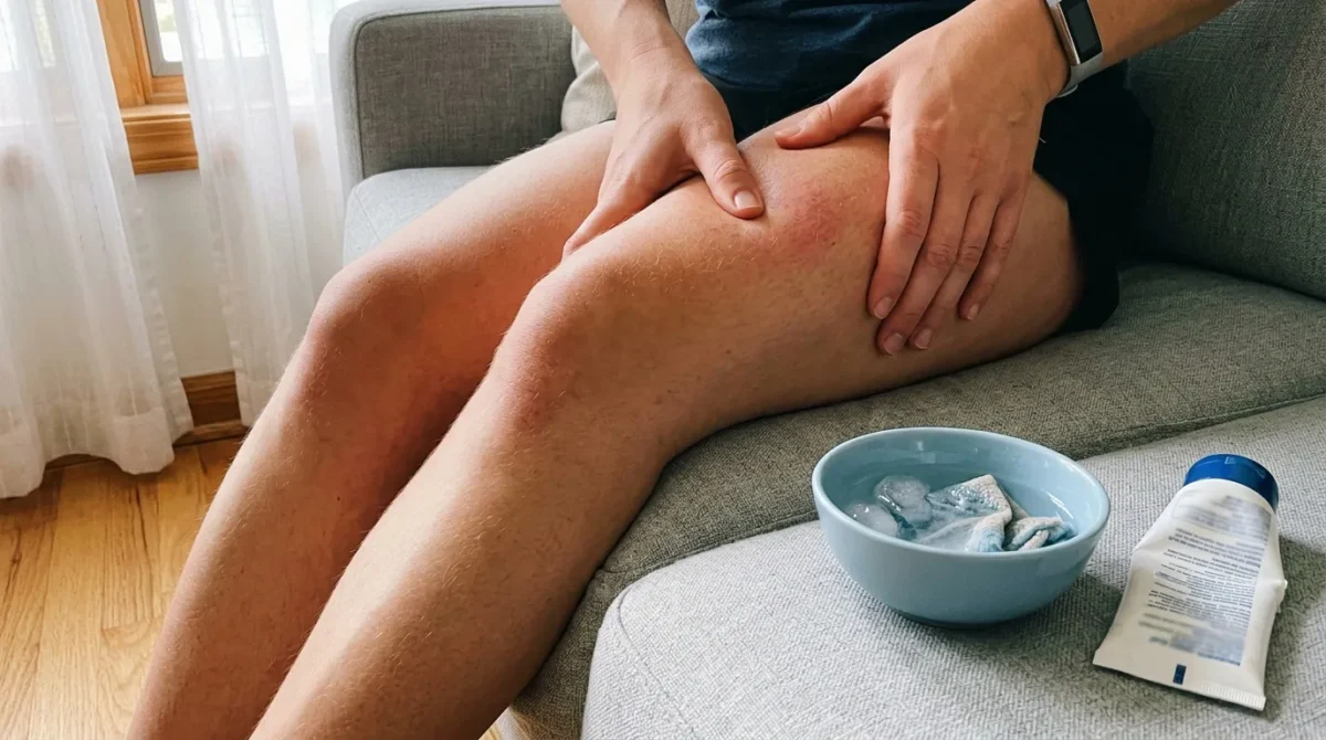 Personne appliquant crème apaisante sur jambes brûlées soleil