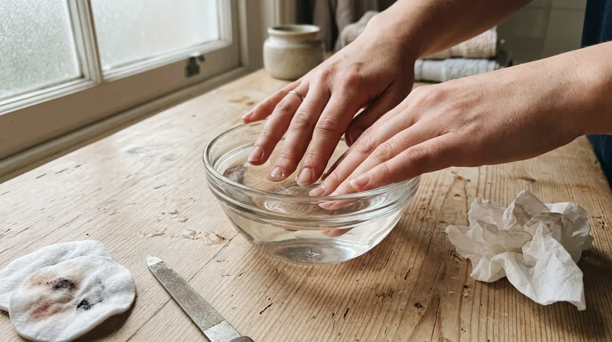 Mains plongées dans un bol d'eau claire sur table