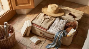 Valise beige ouverte contenant vêtements, chapeau et accessoires voyage