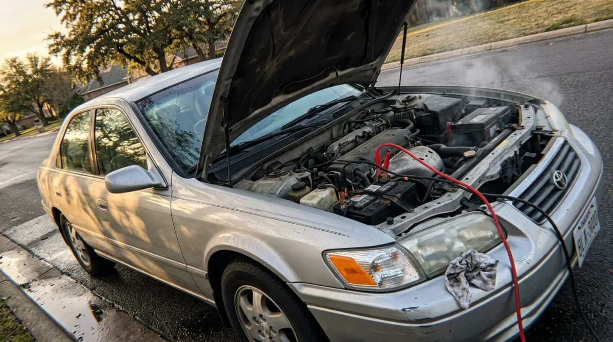 Toyota avec capot ouvert et câbles de démarrage rouges connectés
